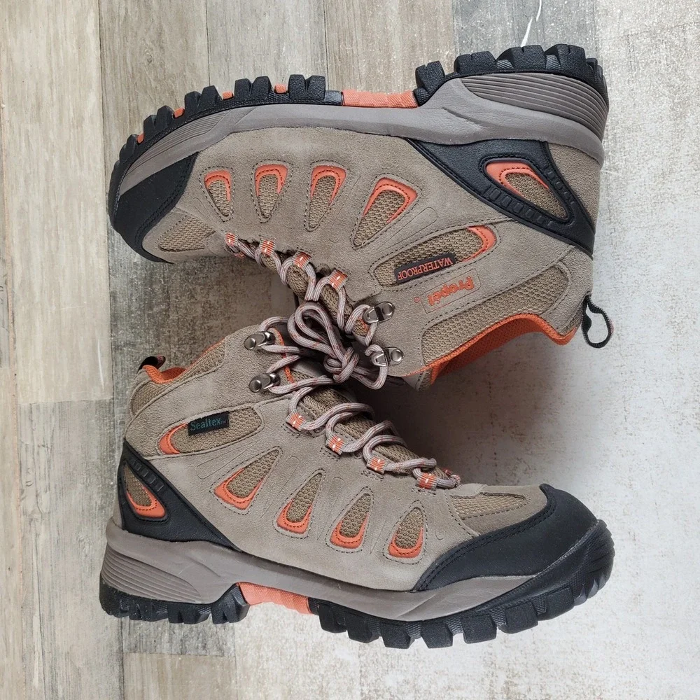 Propet Ridge Walker Mens Hiking Boots Sz 9.5 3E Gunsmoke Orange Waterproof Lace